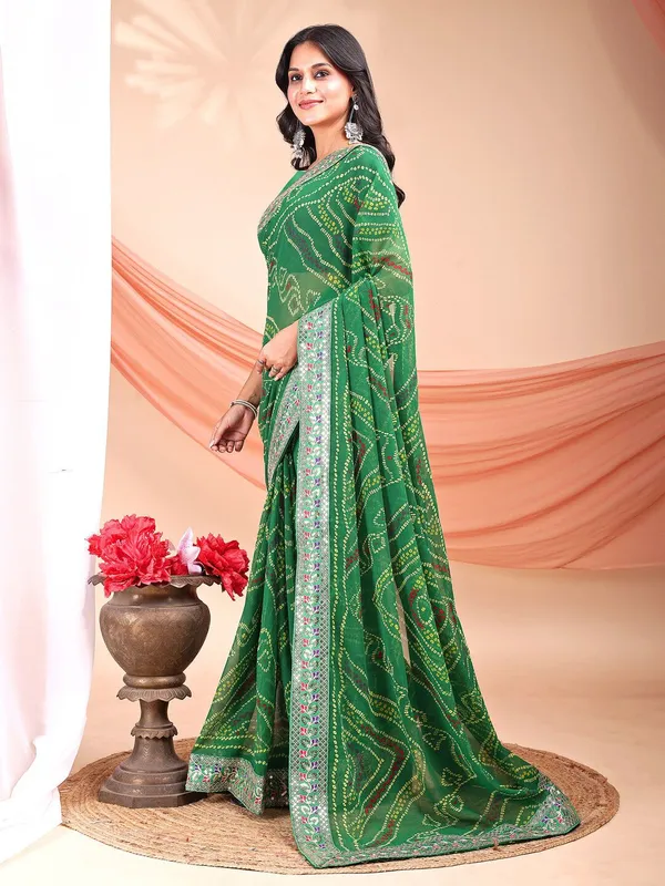 Leelavati_Striped_Embroidered_Bandhani_Georgette_Saree_Light_Green