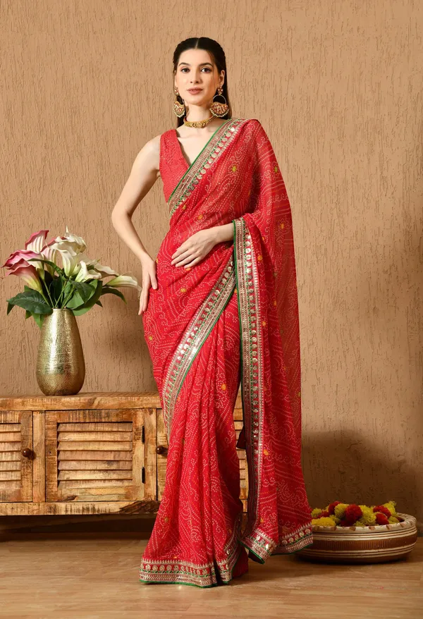 Leelavati_Striped_Embroidered_Bandhani_Georgette_Saree_Red