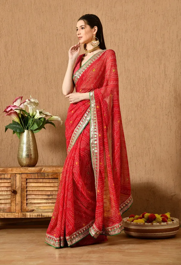 Leelavati_Striped_Embroidered_Bandhani_Georgette_Saree_Red