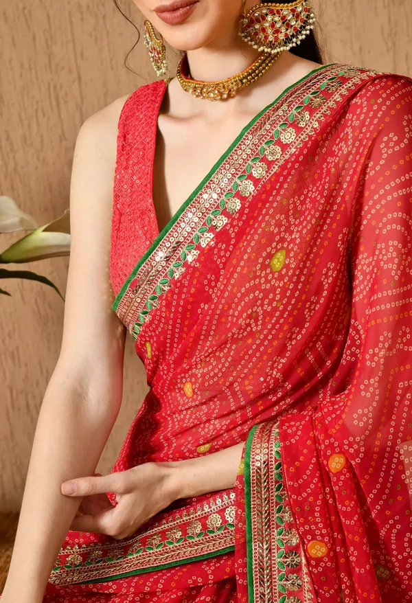 Leelavati_Striped_Embroidered_Bandhani_Georgette_Saree_Red