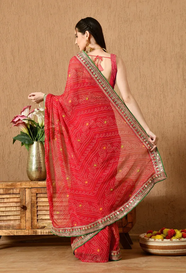 Leelavati_Striped_Embroidered_Bandhani_Georgette_Saree_Red