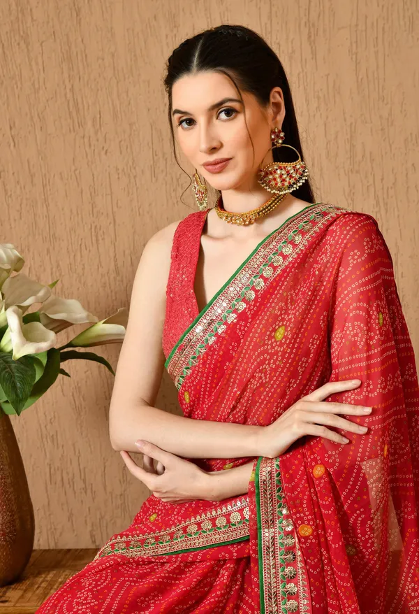 Leelavati_Striped_Embroidered_Bandhani_Georgette_Saree_Red