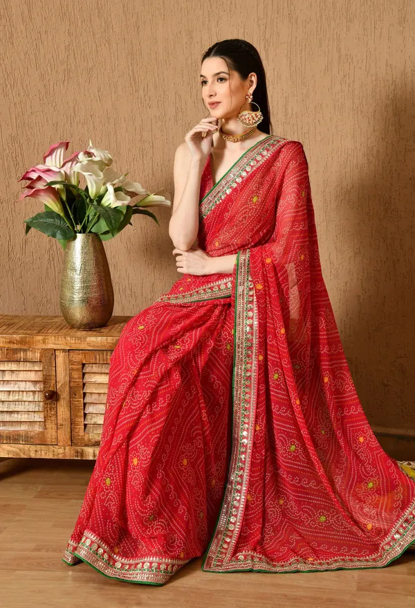 Leelavati_Striped_Embroidered_Bandhani_Georgette_Saree_Red
