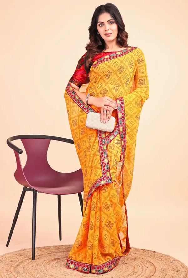 Leelavati_Striped_Embroidered_Bandhani_Georgette_Saree_Yellow