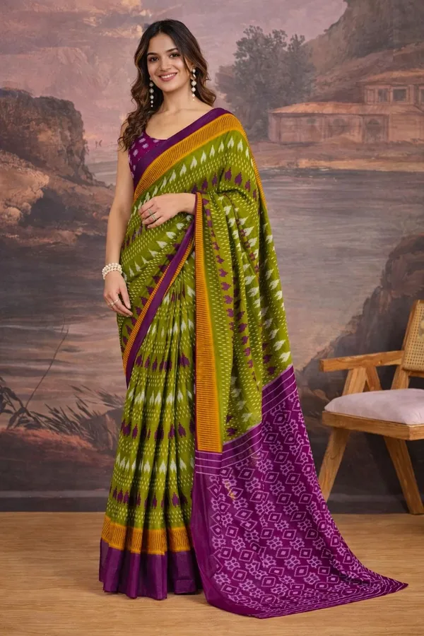 Leelavati_Printed_Floral_Print_Geometric_Print_Blocked_Printed_Ikkat_Pure_Cotton_Saree_Green