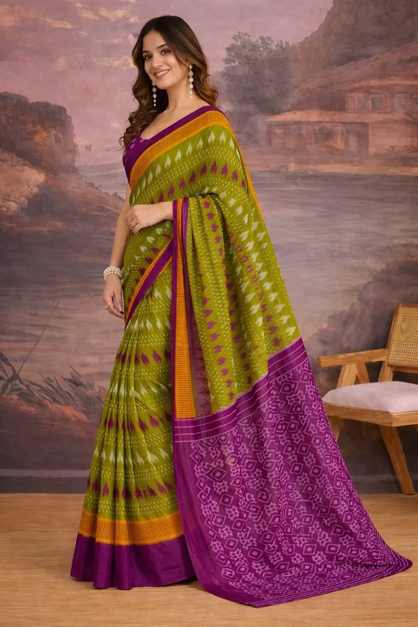 Leelavati_Printed_Floral_Print_Geometric_Print_Blocked_Printed_Ikkat_Pure_Cotton_Saree_Green