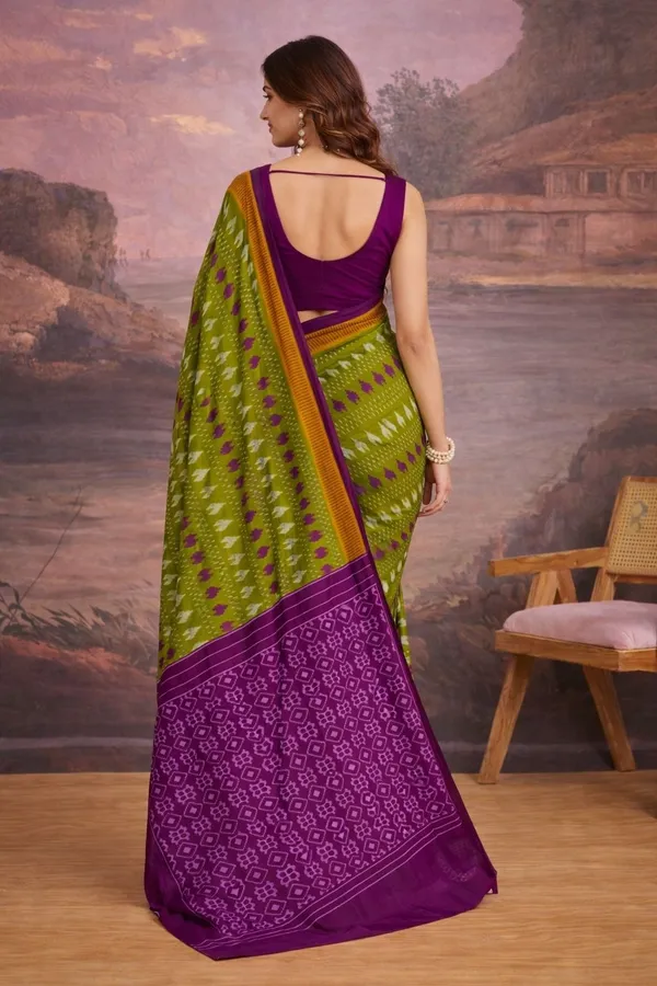 Leelavati_Printed_Floral_Print_Geometric_Print_Blocked_Printed_Ikkat_Pure_Cotton_Saree_Green