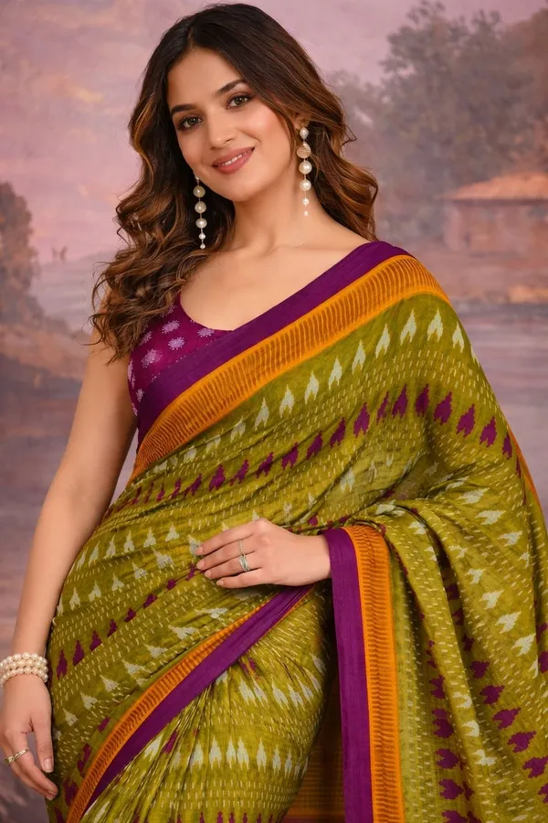 Leelavati_Printed_Floral_Print_Geometric_Print_Blocked_Printed_Ikkat_Pure_Cotton_Saree_Green