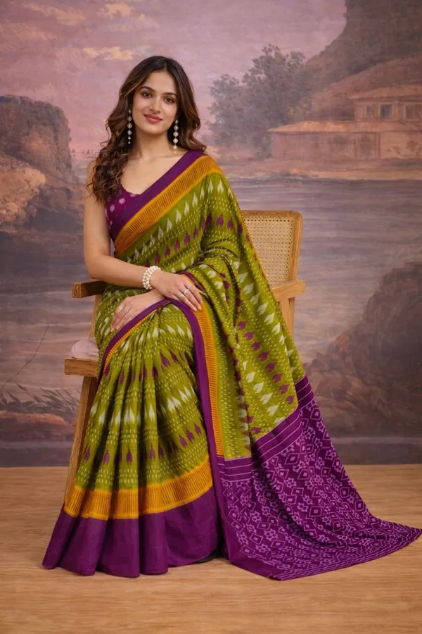 Leelavati_Printed_Floral_Print_Geometric_Print_Blocked_Printed_Ikkat_Pure_Cotton_Saree_Green