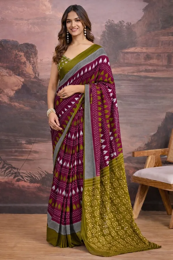 Leelavati_Printed_Floral_Print_Geometric_Print_Blocked_Printed_Ikkat_Pure_Cotton_Saree_Maroon