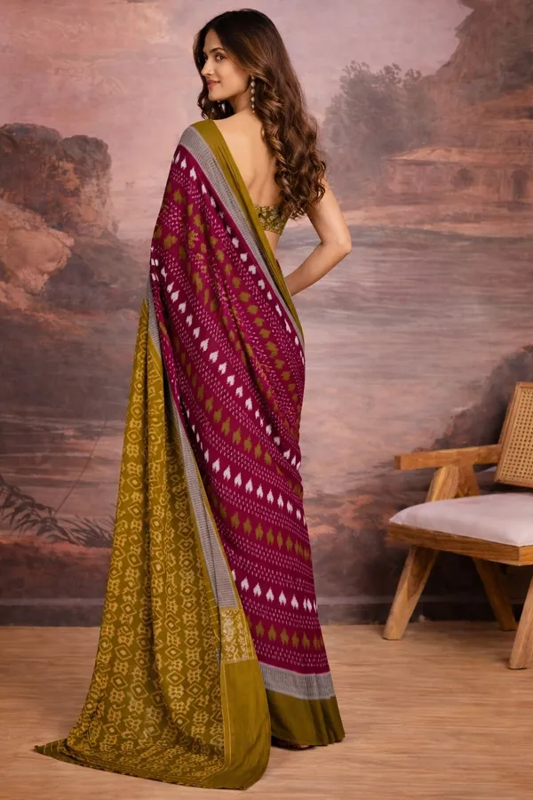 Leelavati_Printed_Floral_Print_Geometric_Print_Blocked_Printed_Ikkat_Pure_Cotton_Saree_Maroon