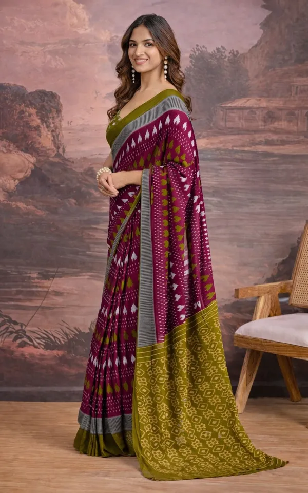Leelavati_Printed_Floral_Print_Geometric_Print_Blocked_Printed_Ikkat_Pure_Cotton_Saree_Maroon