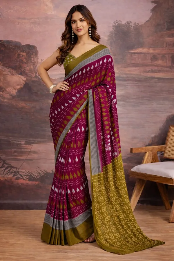 Leelavati_Printed_Floral_Print_Geometric_Print_Blocked_Printed_Ikkat_Pure_Cotton_Saree_Maroon