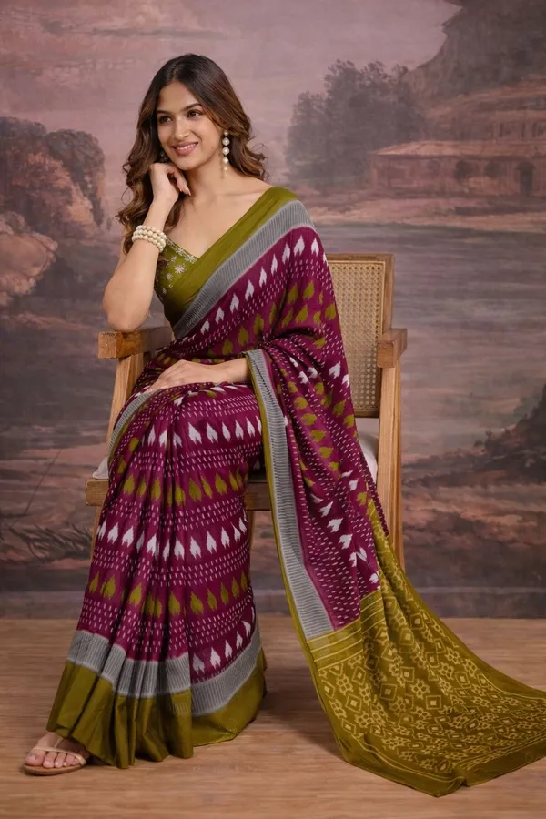 Leelavati_Printed_Floral_Print_Geometric_Print_Blocked_Printed_Ikkat_Pure_Cotton_Saree_Maroon