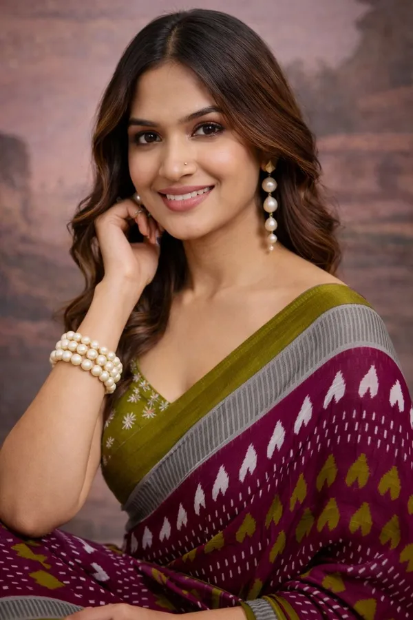 Leelavati_Printed_Floral_Print_Geometric_Print_Blocked_Printed_Ikkat_Pure_Cotton_Saree_Maroon