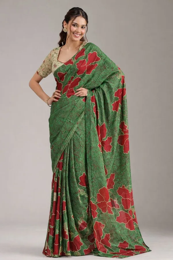 Leelavati_Blocked_Printed_Ikkat_Pure_Cotton_Saree_Green