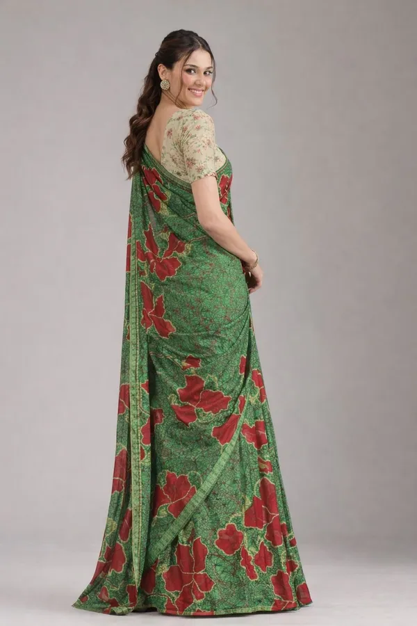 Leelavati_Blocked_Printed_Ikkat_Pure_Cotton_Saree_Green