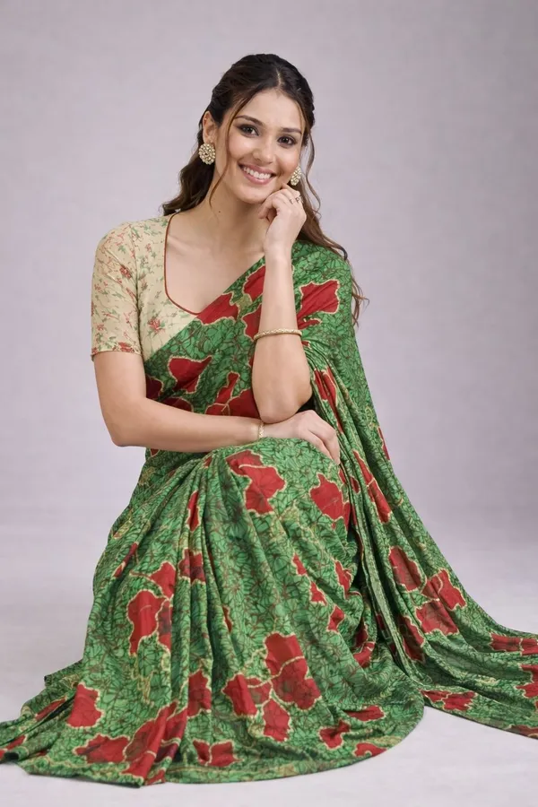 Leelavati_Blocked_Printed_Ikkat_Pure_Cotton_Saree_Green