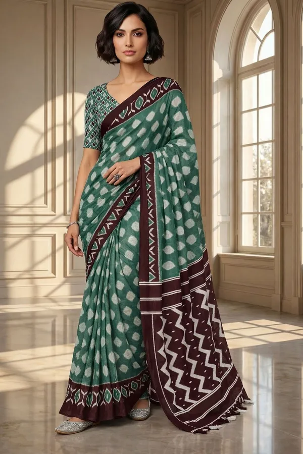 Leelavati_Blocked_Printed_Ikkat_Pure_Cotton_Saree_Green