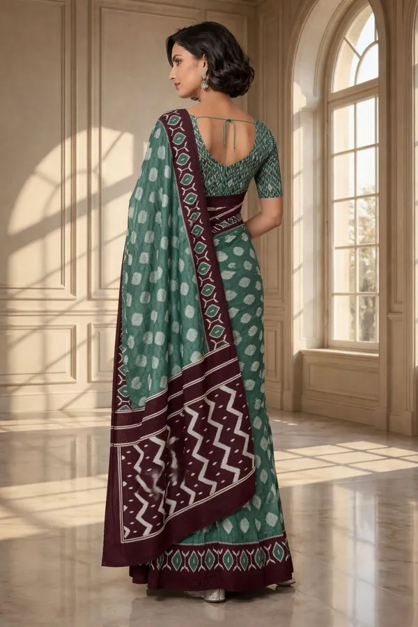 Leelavati_Blocked_Printed_Ikkat_Pure_Cotton_Saree_Green