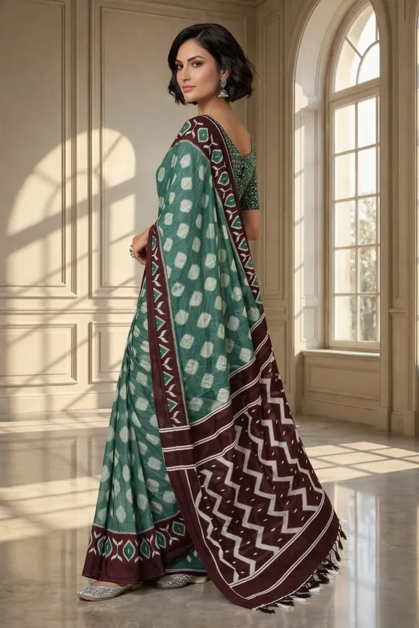 Leelavati_Blocked_Printed_Ikkat_Pure_Cotton_Saree_Green