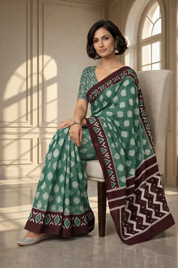 Leelavati_Blocked_Printed_Ikkat_Pure_Cotton_Saree_Green