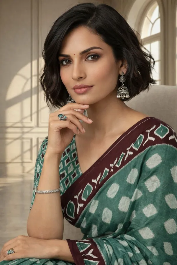 Leelavati_Blocked_Printed_Ikkat_Pure_Cotton_Saree_Green