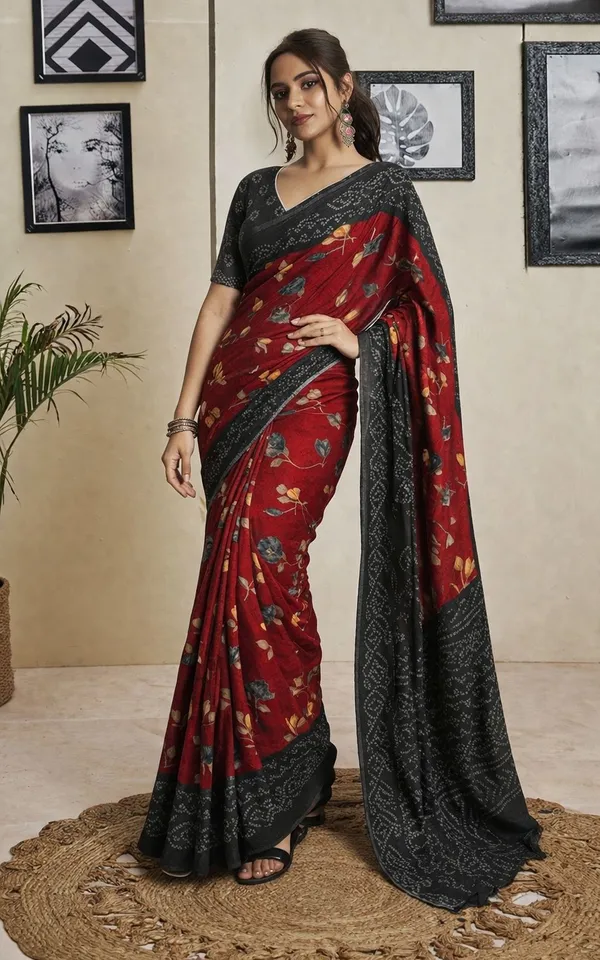 Leelavati_Printed_Floral_Print_Geometric_Print_Blocked_Printed_Ikkat_Pure_Cotton_Saree_Red