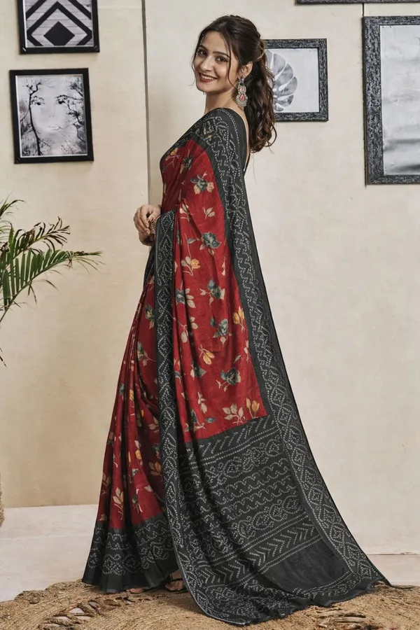 Leelavati_Printed_Floral_Print_Geometric_Print_Blocked_Printed_Ikkat_Pure_Cotton_Saree_Red