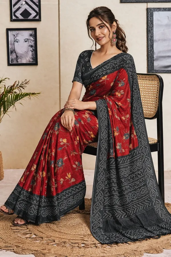 Leelavati_Printed_Floral_Print_Geometric_Print_Blocked_Printed_Ikkat_Pure_Cotton_Saree_Red