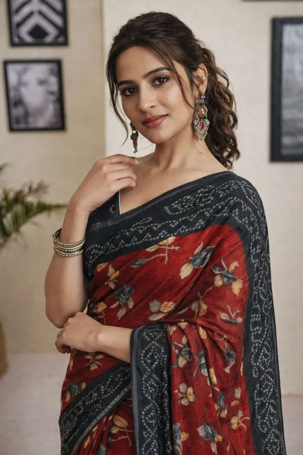 Leelavati_Printed_Floral_Print_Geometric_Print_Blocked_Printed_Ikkat_Pure_Cotton_Saree_Red