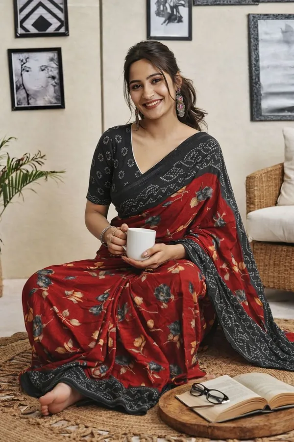 Leelavati_Printed_Floral_Print_Geometric_Print_Blocked_Printed_Ikkat_Pure_Cotton_Saree_Red