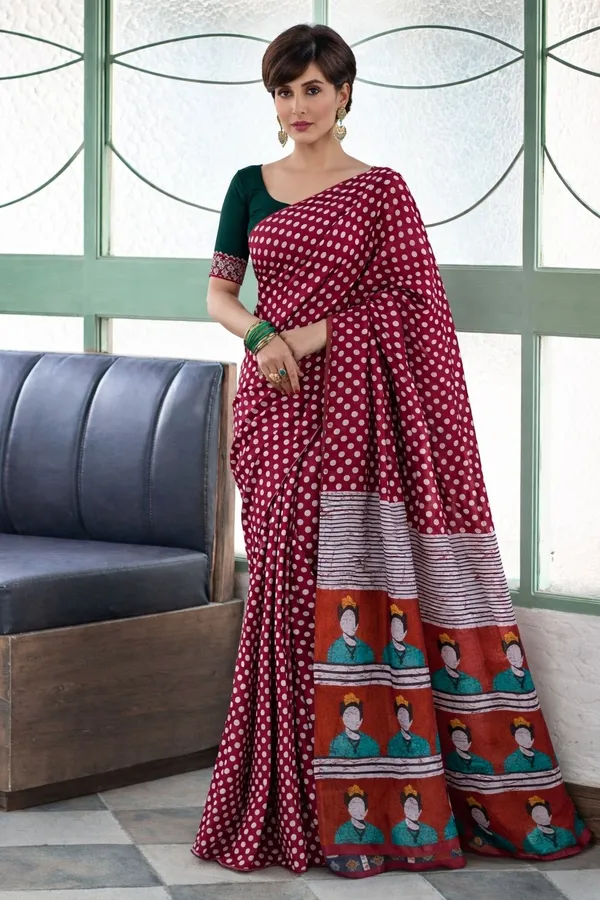 Leelavati_Printed_Floral_Print_Geometric_Print_Blocked_Printed_Ikkat_Pure_Cotton_Saree_Maroon
