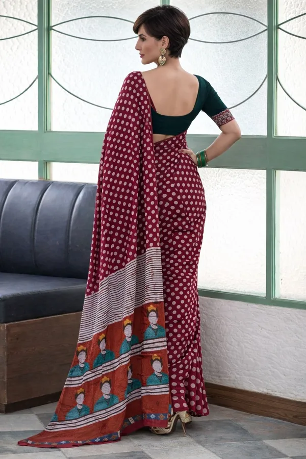 Leelavati_Printed_Floral_Print_Geometric_Print_Blocked_Printed_Ikkat_Pure_Cotton_Saree_Maroon