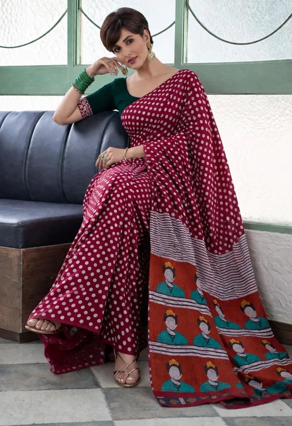 Leelavati_Printed_Floral_Print_Geometric_Print_Blocked_Printed_Ikkat_Pure_Cotton_Saree_Maroon