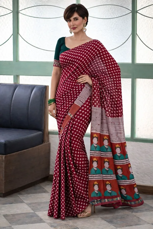 Leelavati_Printed_Floral_Print_Geometric_Print_Blocked_Printed_Ikkat_Pure_Cotton_Saree_Maroon