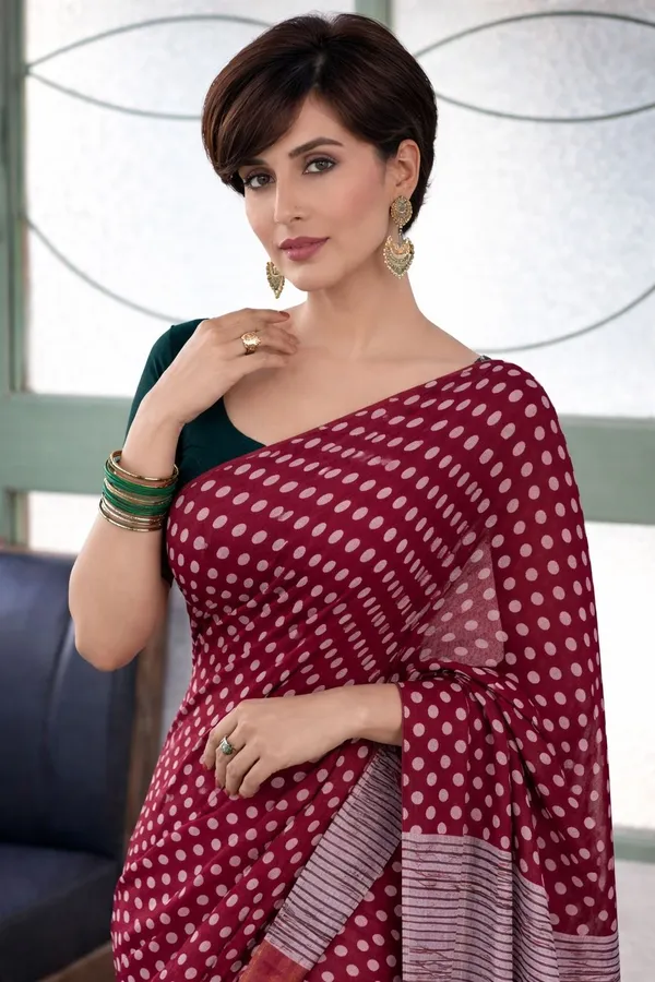 Leelavati_Printed_Floral_Print_Geometric_Print_Blocked_Printed_Ikkat_Pure_Cotton_Saree_Maroon