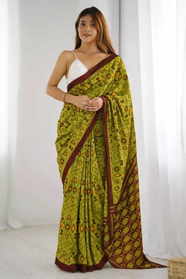 Leelavati_Floral_Print_Ikkat_Pure_Cotton_Saree_Mustard