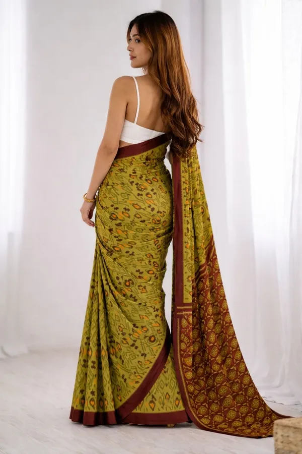 Leelavati_Floral_Print_Ikkat_Pure_Cotton_Saree_Mustard