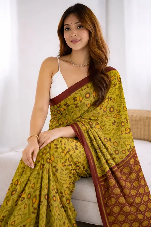 Leelavati_Floral_Print_Ikkat_Pure_Cotton_Saree_Mustard