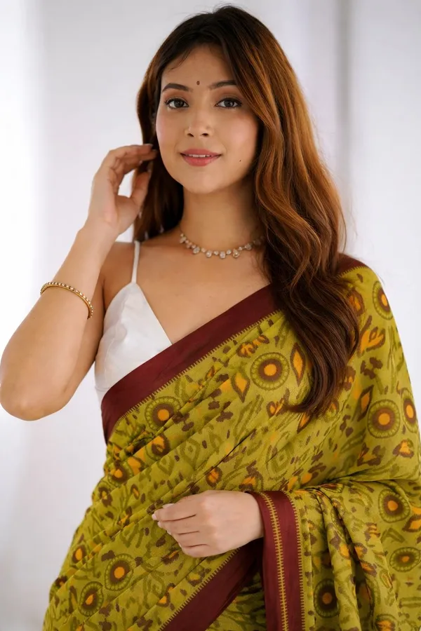 Leelavati_Floral_Print_Ikkat_Pure_Cotton_Saree_Mustard