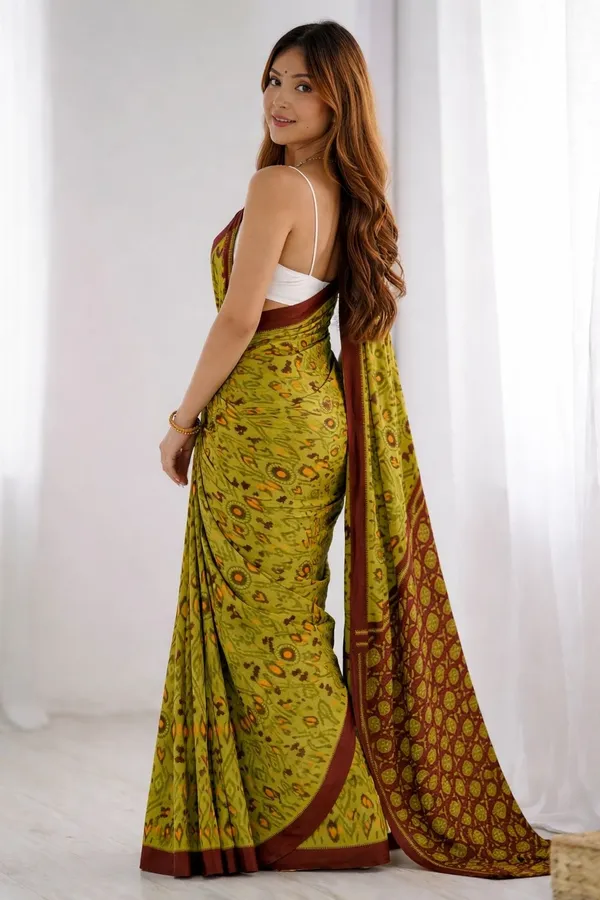 Leelavati_Floral_Print_Ikkat_Pure_Cotton_Saree_Mustard