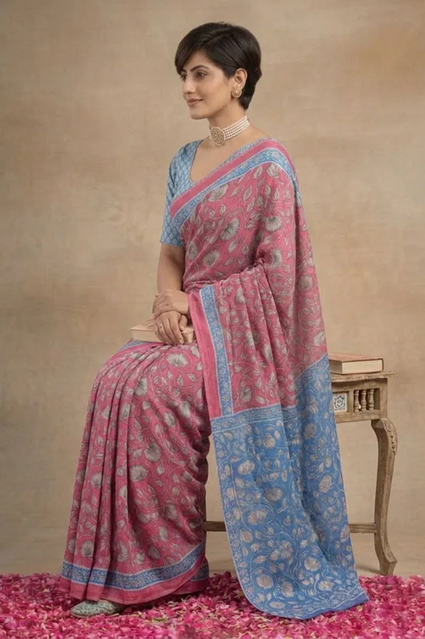 Leelavati_Blocked_Printed_Ikkat_Pure_Cotton_Saree_Pink