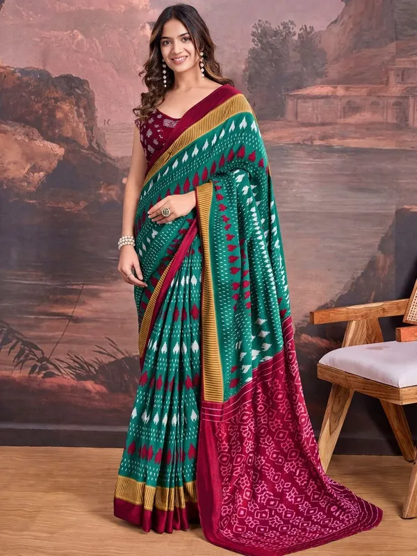 Leelavati_Printed_Floral_Print_Geometric_Print_Blocked_Printed_Ikkat_Pure_Cotton_Saree_Light_Blue