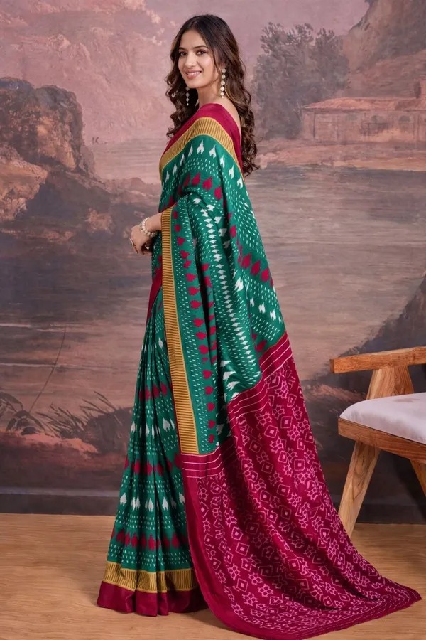 Leelavati_Printed_Floral_Print_Geometric_Print_Blocked_Printed_Ikkat_Pure_Cotton_Saree_Light_Blue