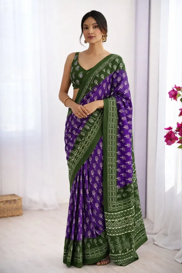 Leelavati_Printed_Floral_Print_Geometric_Print_Blocked_Printed_Ikkat_Pure_Cotton_Saree_Purple