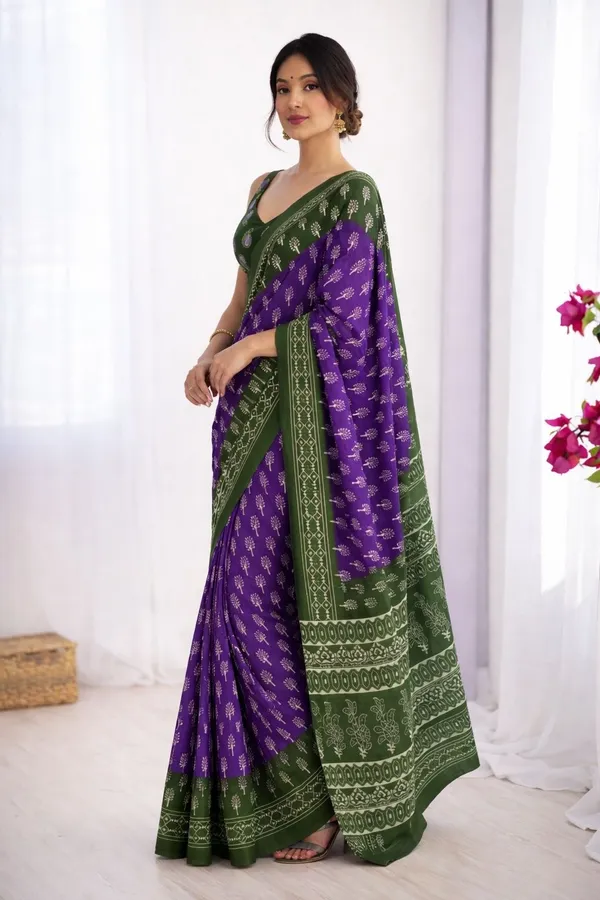 Leelavati_Printed_Floral_Print_Geometric_Print_Blocked_Printed_Ikkat_Pure_Cotton_Saree_Purple