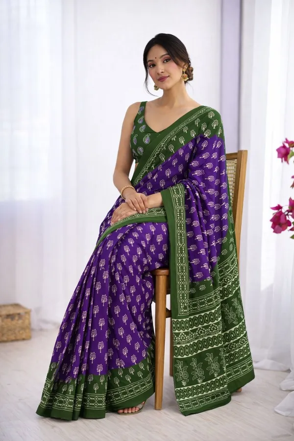 Leelavati_Printed_Floral_Print_Geometric_Print_Blocked_Printed_Ikkat_Pure_Cotton_Saree_Purple