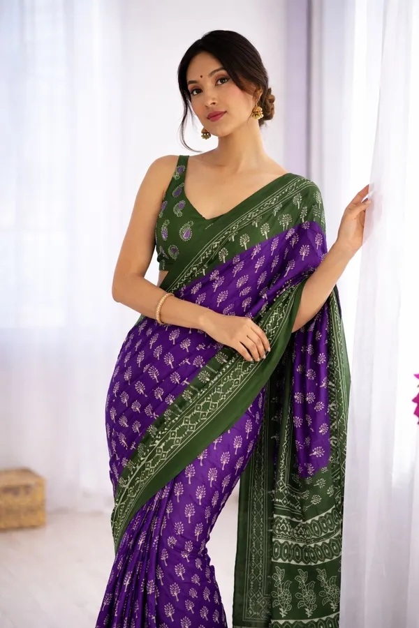 Leelavati_Printed_Floral_Print_Geometric_Print_Blocked_Printed_Ikkat_Pure_Cotton_Saree_Purple