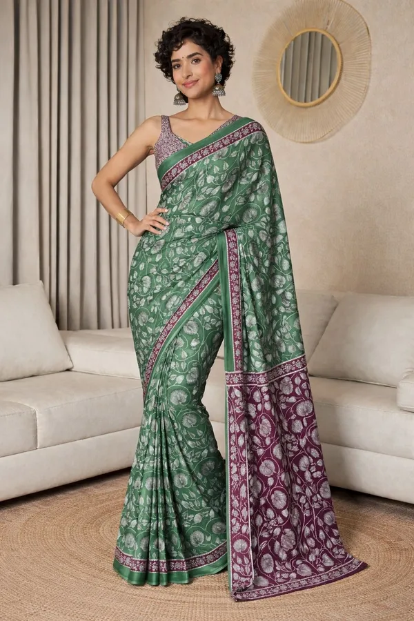 Leelavati_Blocked_Printed_Ikkat_Pure_Cotton_Saree_Green